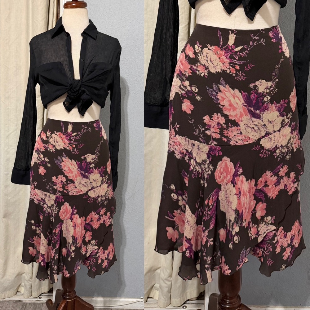 Nygard Collection Brown Floral 100% Silk Ruffle Midi Skirt Size 16 Fairy Y2K